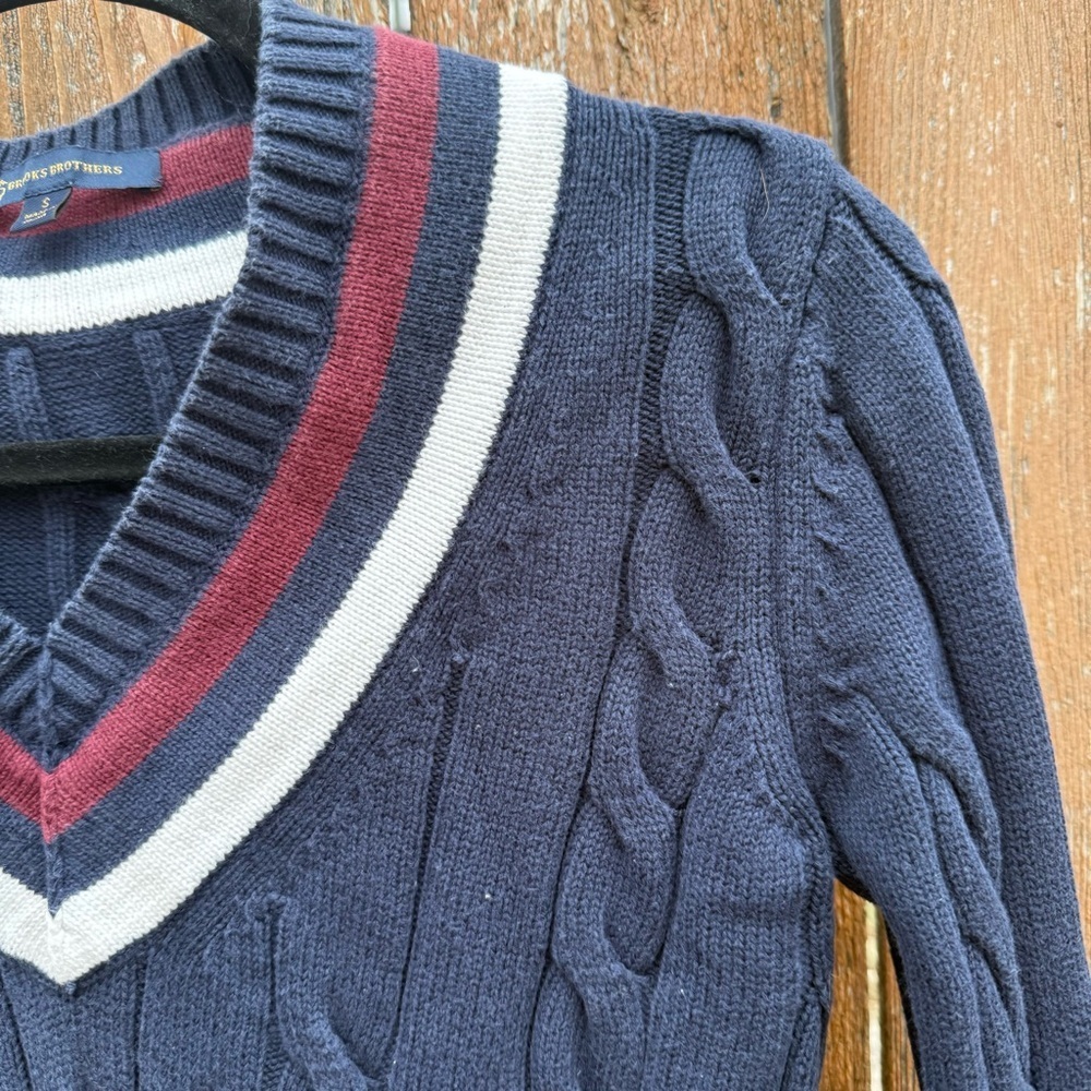 Brooks Brothers Navy Red White V Neck Cable Knit Tennis Sweater Vintage Small - Picture 6 of 10